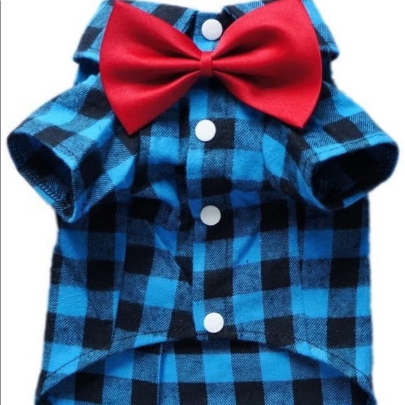 Black and blue casual dog plaid shirt with bow tie - Picture 2 of 5